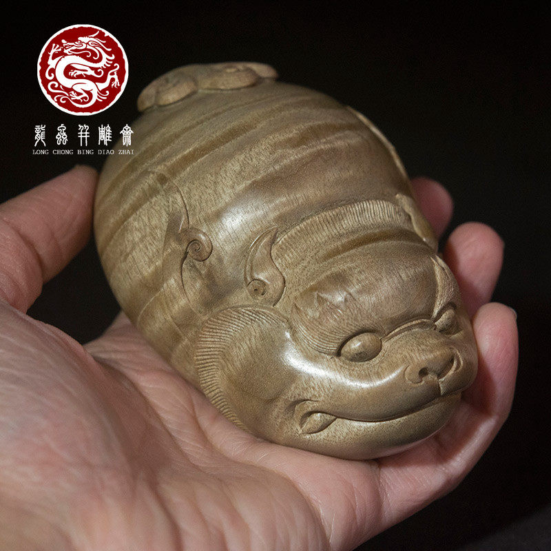 金丝楠木大号貔貅手把件老料满水波纹摆件湘工把玩无漆无蜡楠木香