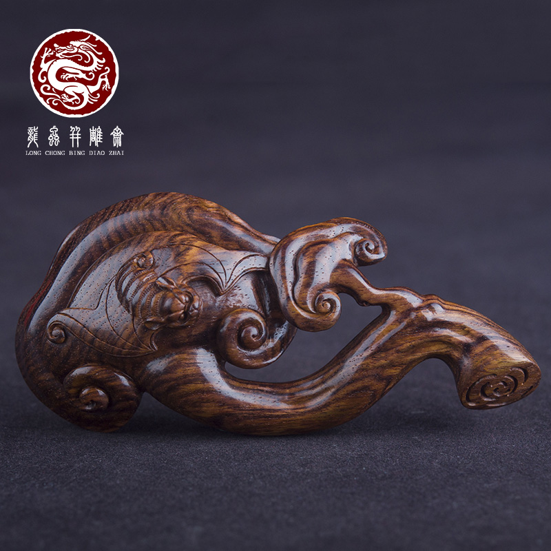 【吉祥有福】海南黄花梨紫油梨灵芝蝙蝠手把件湘工雕刻实木把玩