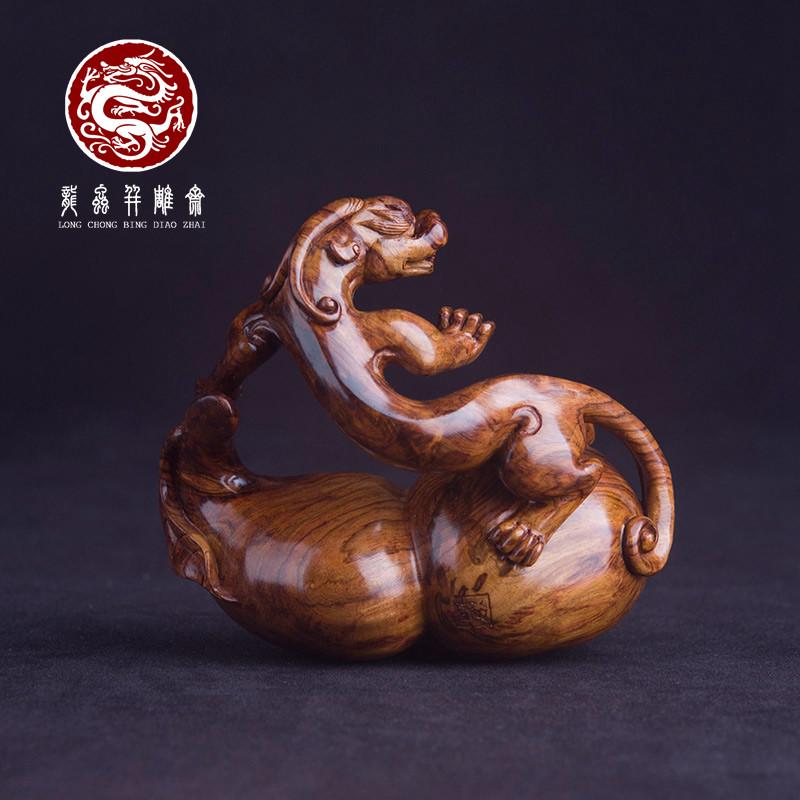 海南黄花梨葫芦貔貅吉祥摆件老油梨湘工镂空雕刻吉祥木雕把玩送礼