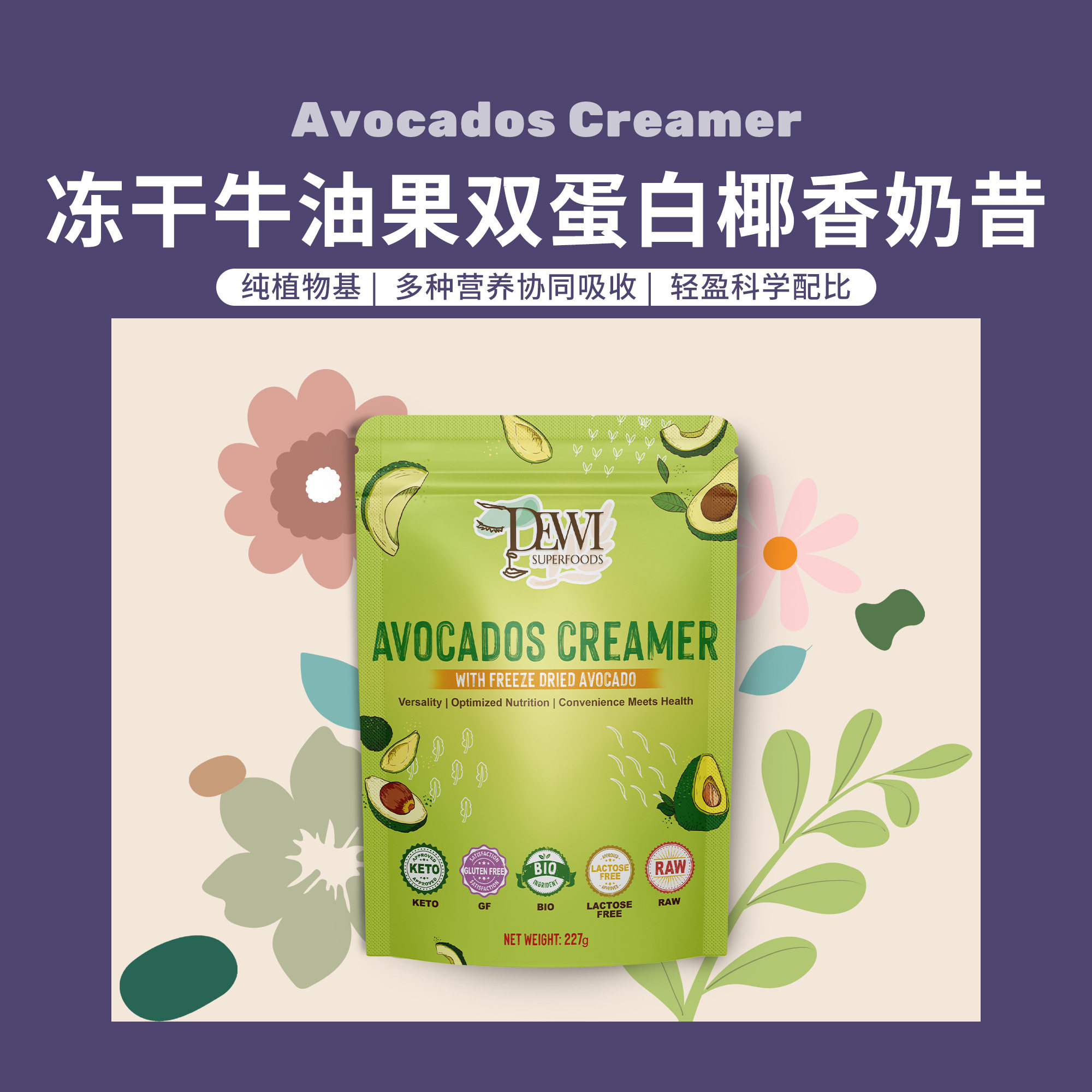 Dewi Superfoods黛维冻干牛油果双蛋白椰香奶昔无乳糖代餐冲饮粉