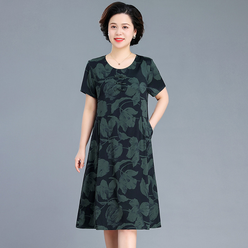 夏季妈妈装连衣裙高贵洋气女装中老年人宽松遮肚子中长款雪纺裙子