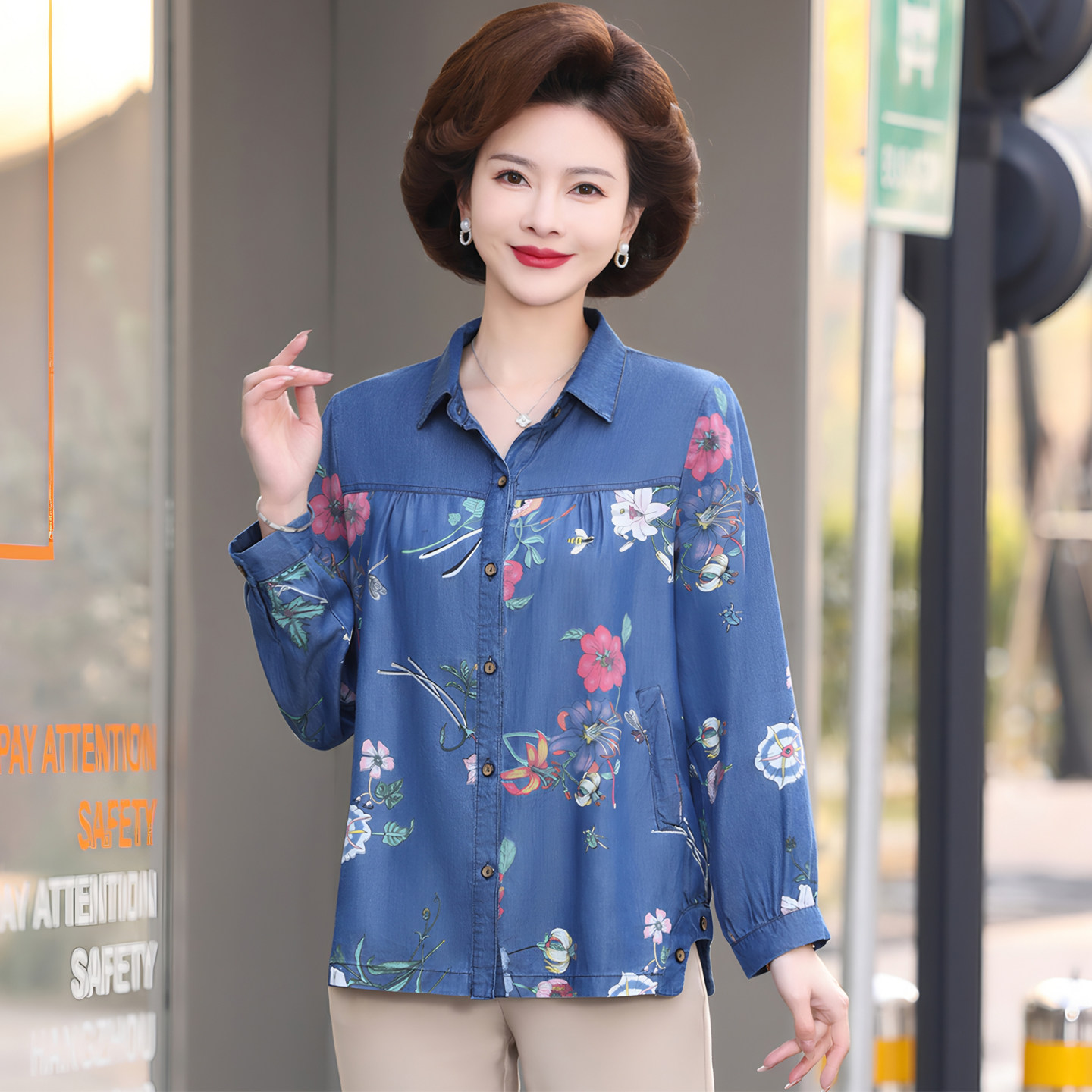 妈妈装休闲衬衫秋装长袖开衫外套中老年人女装气质天丝棉牛仔衬衣