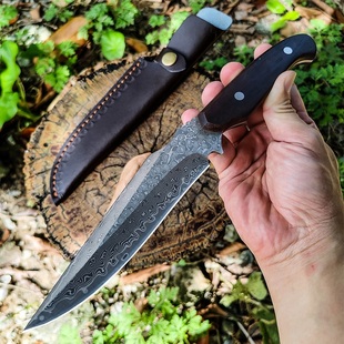 大马士革钢刀手把肉刀户外直刀开刃便携高硬度切肉刀随身刀具防身