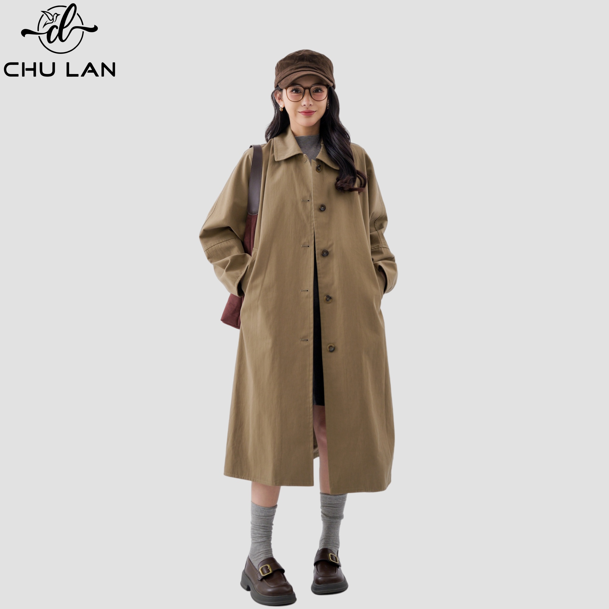 大码落肩袖中长款卡其工装外套