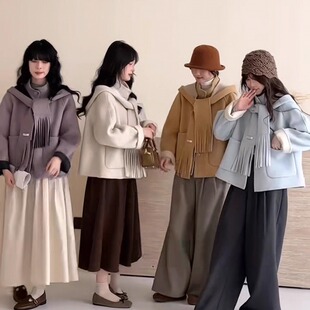 2026秋冬新款可脫卸围巾领双面呢子羊毛大衣女短款显瘦呢子外套厚