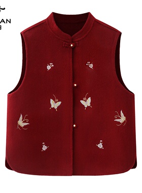 年货复古红色重工刺绣新中式双面绵羊毛呢无袖马甲背心外套女新春