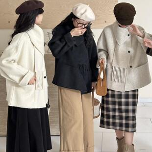 高级感围巾短款双面妮子大衣女小个子超好看绵羊毛呢外套韩系秋季
