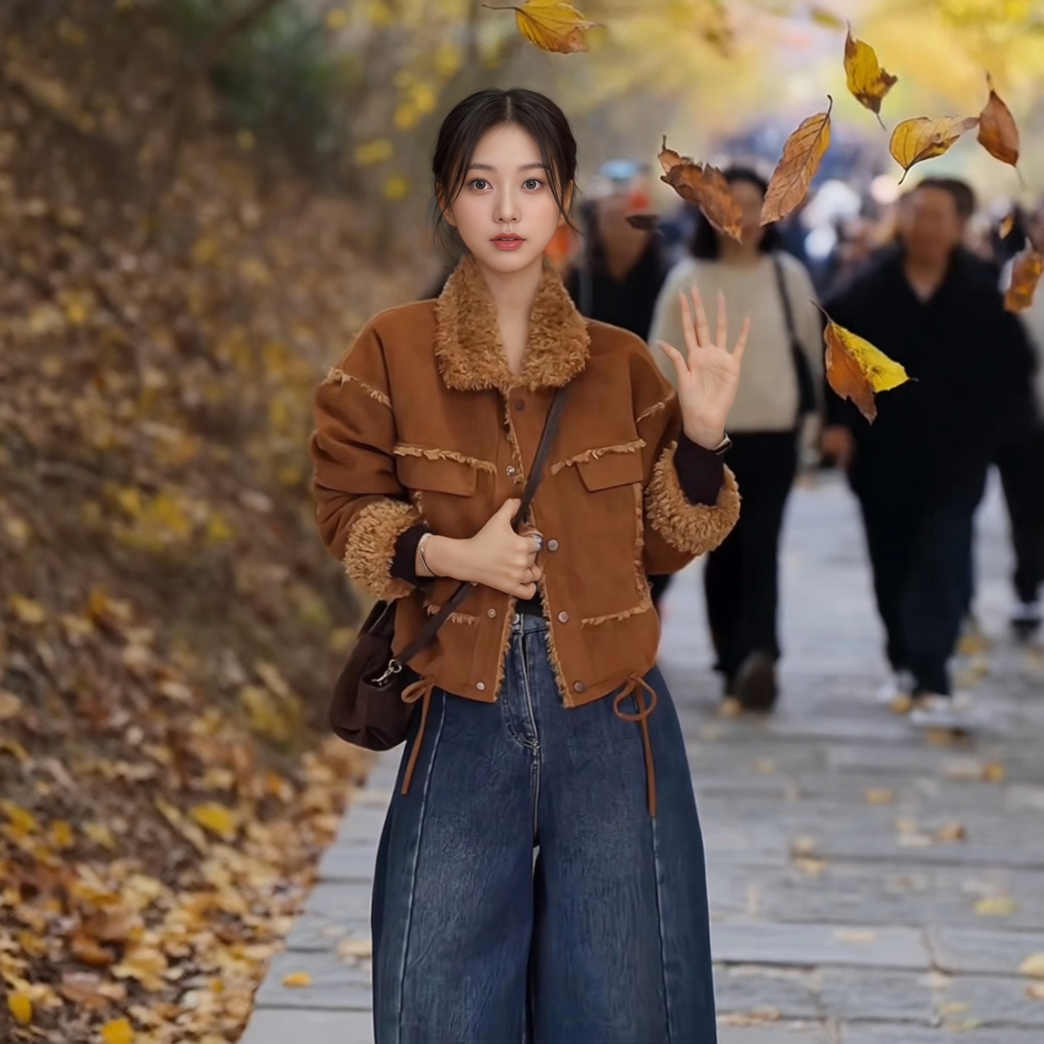 翻领仿羊羔绒皮毛一体外套