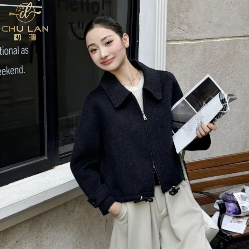 黑色双面绵羊毛短款大衣冬季韩系高级感小个子毛呢外套女夹克上衣