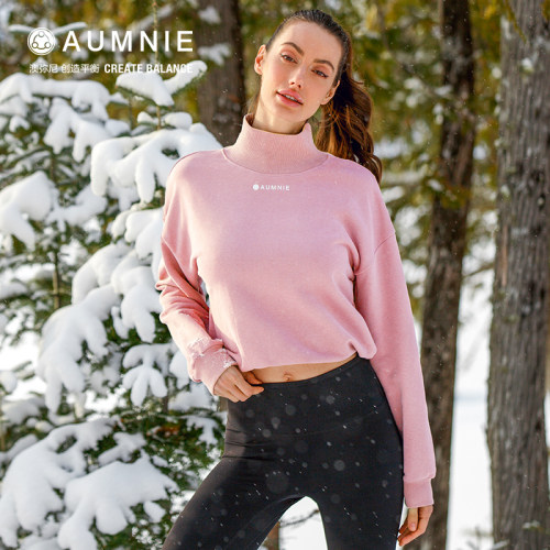 aumnie高领露脐毛圈印花长袖瑜伽