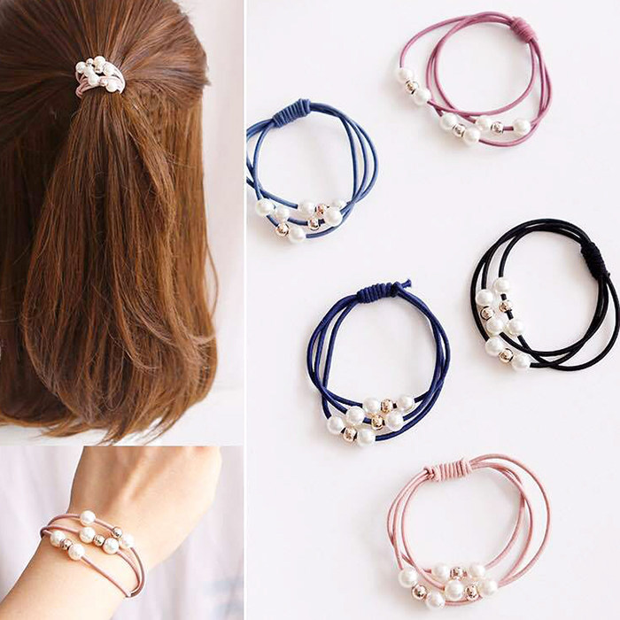 满额包邮 批发珍珠串珠皮筋发圈发饰头绳樱桃三层六线扎头发皮筋