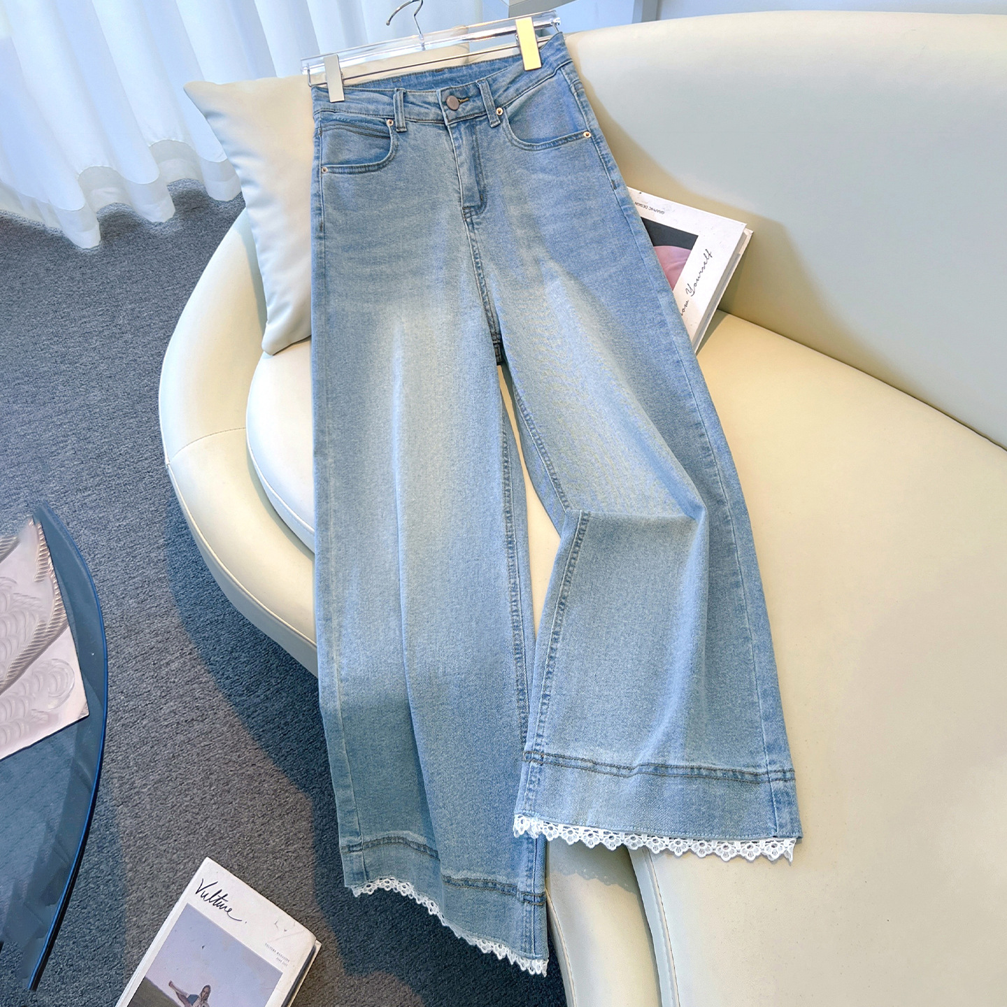 乔万尼女装片段正品思慕缇蓝色牛仔阔腿裤女2025新款夏季薄款蕾丝