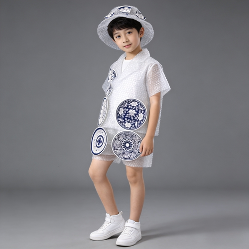 成人男环保服装儿童时装秀手工diy环保青花瓷幼儿园亲子走秀衣服