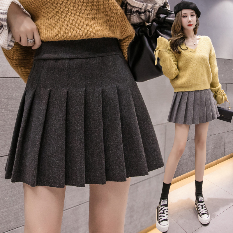 小矮个子弹力高腰毛呢百褶短裙