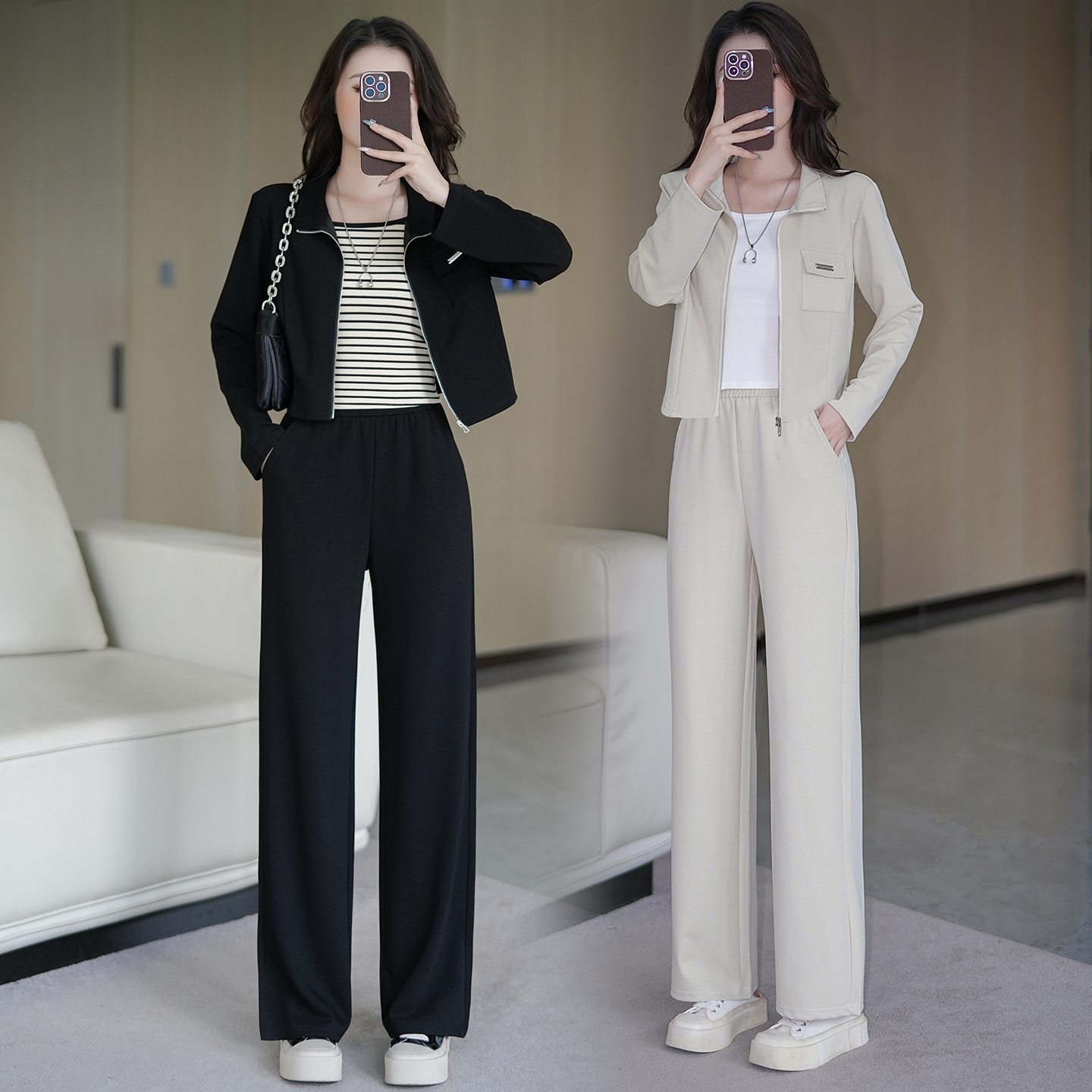 150小个子XXS码短款立领开衫卫衣外套配窄版直筒休闲裤两件套装秋