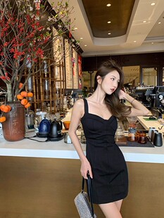 150cm吊带小黑裙洋气甜辣风连衣裙小个子设计感小众一字肩礼服xs