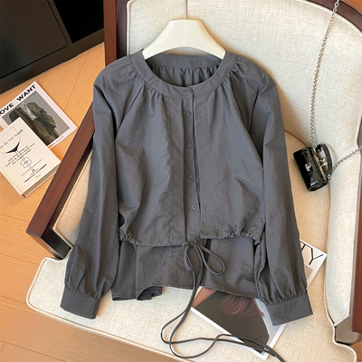 150小个子设计感假两件抽绳衬衫女秋季155百搭高级洋气长袖上衣XS