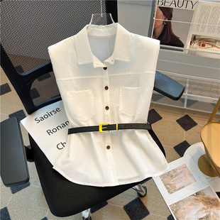 150小个子垫肩皮带收腰棉麻背心衬衫女夏季155洋气单排扣无袖上衣