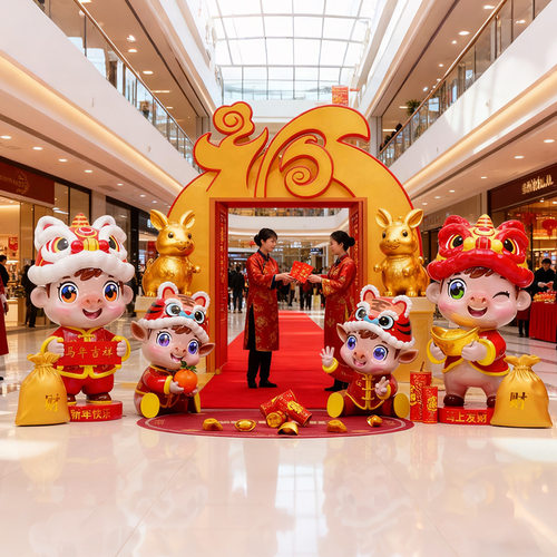 新年马雕塑2026马年生肖卡通马大摆件吉祥物元旦春节落地户外美陈