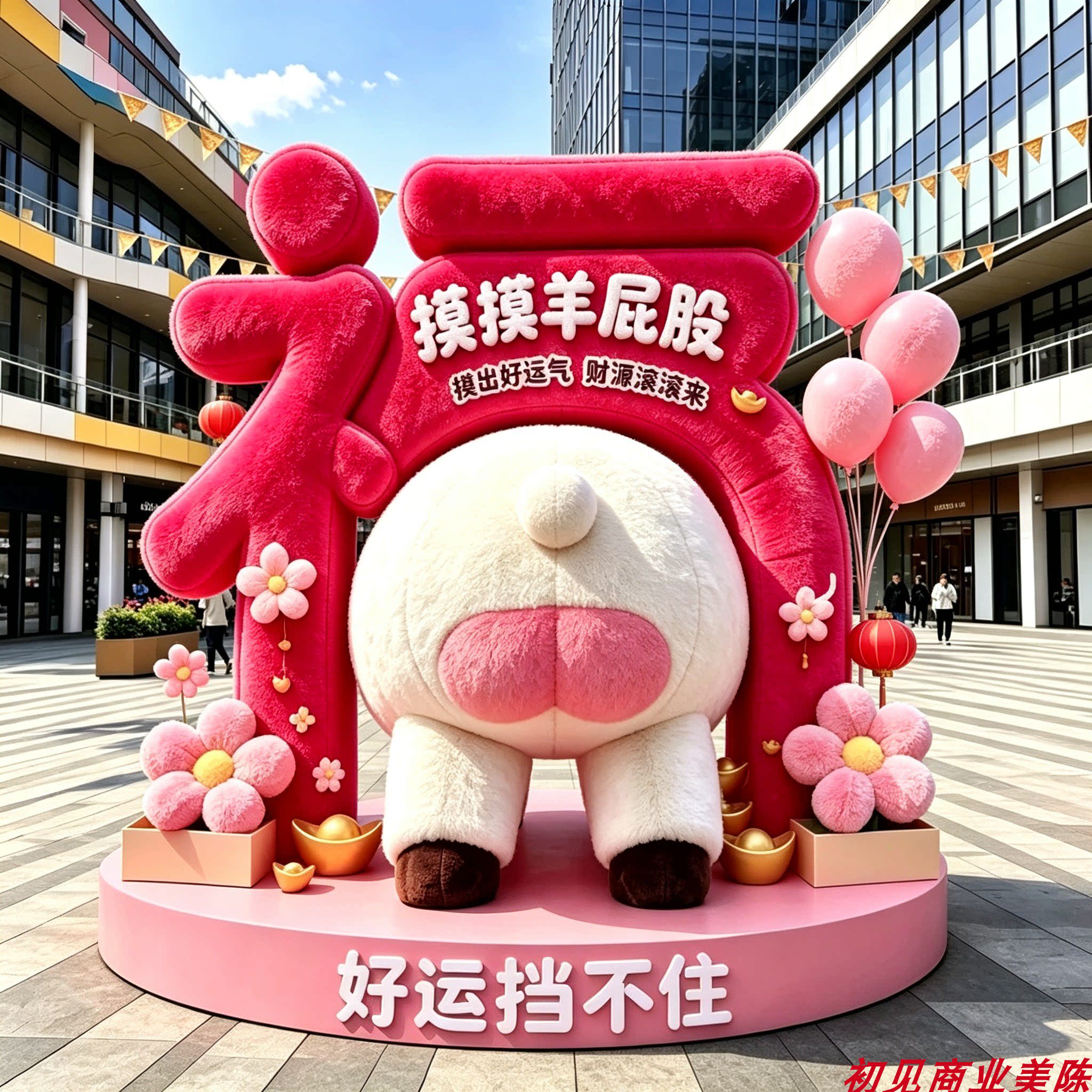 新年元旦卡通泡雕粉色毛绒福字充气拱门景区春节商场美陈装饰道具