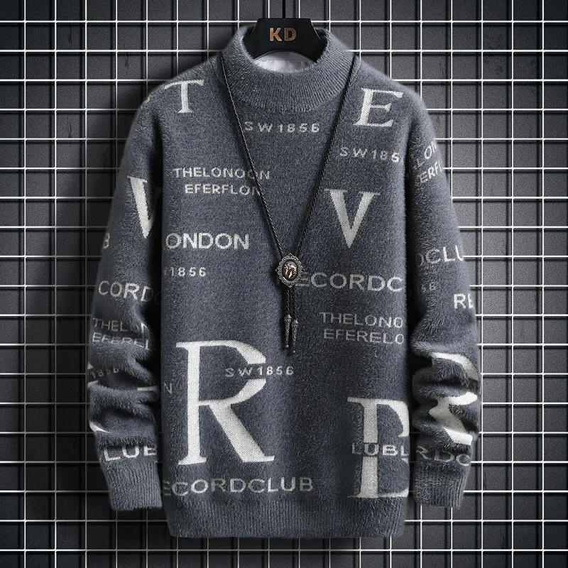 仿貂水貂绒针织衫套头毛衣男宽松百搭半高领时尚潮流秋冬新款