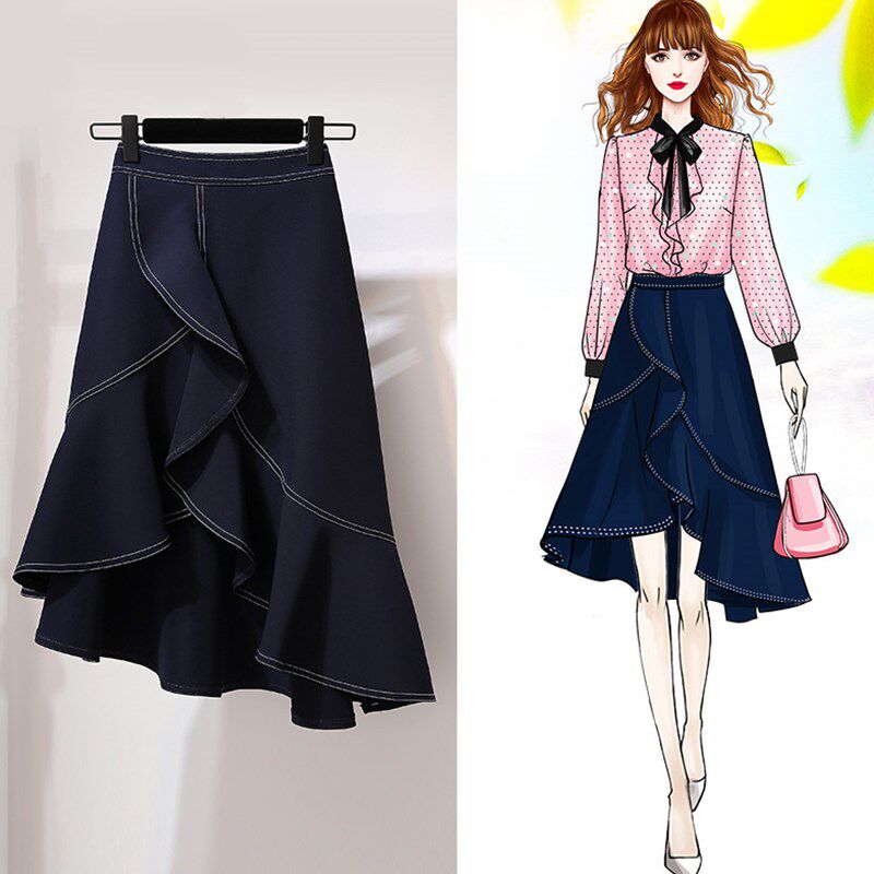 鱼尾裙半身裙中长款2019春装新款流行高腰a字荷叶边不规则裙子女|msdalam kategori Butik wanita / wanita, skirt - dari Buy2taobao.com untuk memberikan perkhidmatan ejen Taobao profesional membeli