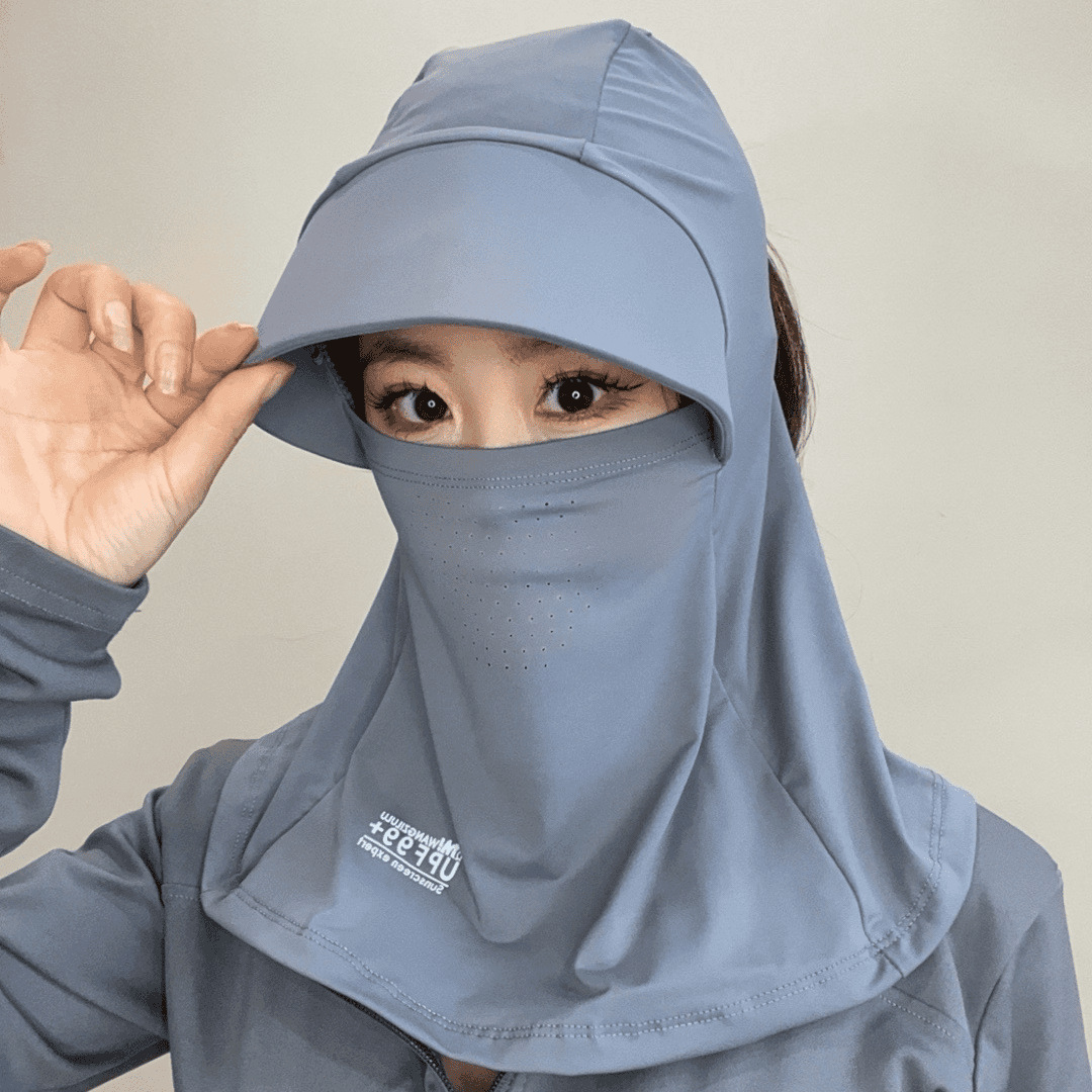 夏防晒面罩一体帽子护颈防紫外线太阳帽全脸遮阳冰丝口罩户外骑行