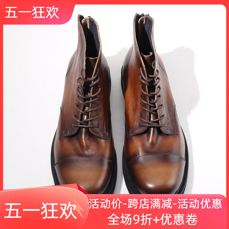 欧美复古做旧水洗擦色潮鞋 圆头休闲系带高帮皮靴男士皮靴沙漠靴