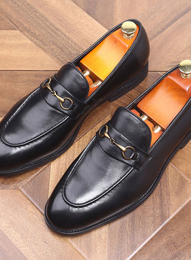 英伦潮流商务正装皮鞋休闲男士真皮乐福鞋套脚复古真皮手工鞋
