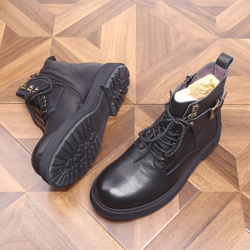 冬季保暖绒毛里加厚皮毛一体真皮侧拉链男靴厚底马丁切尔西靴休闲
