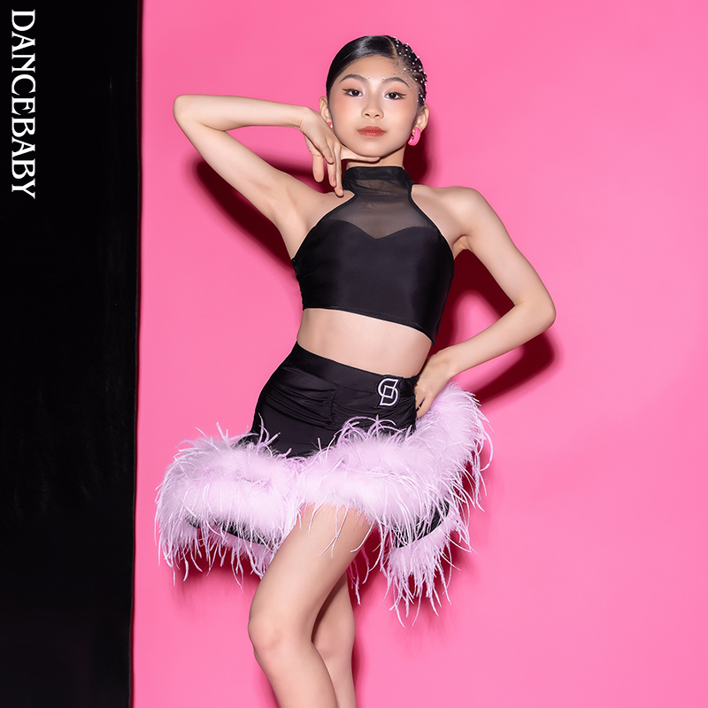 拉丁少儿表演比赛分体羽毛小花服