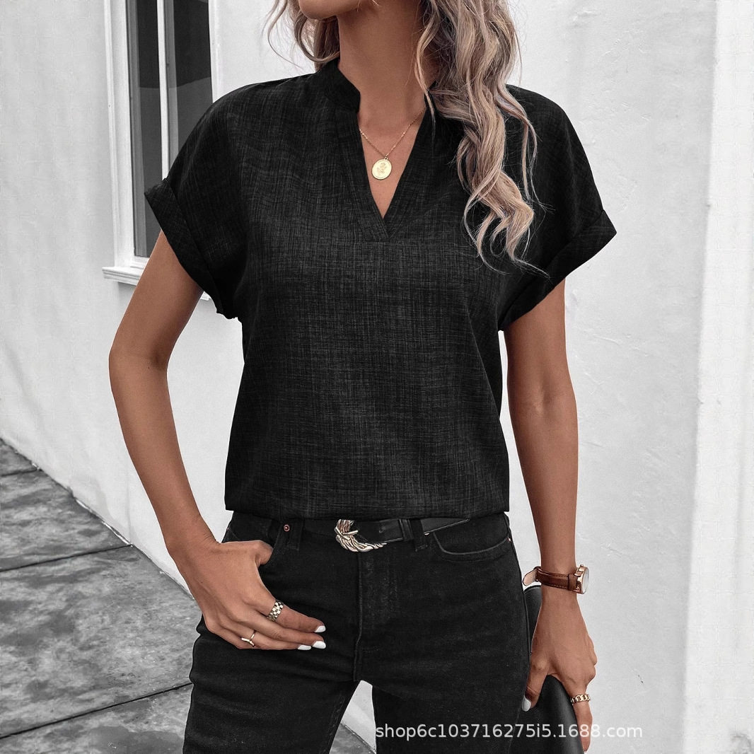 women's V-neck short sleeved linen shirts 女V领短袖亚麻衬衫
