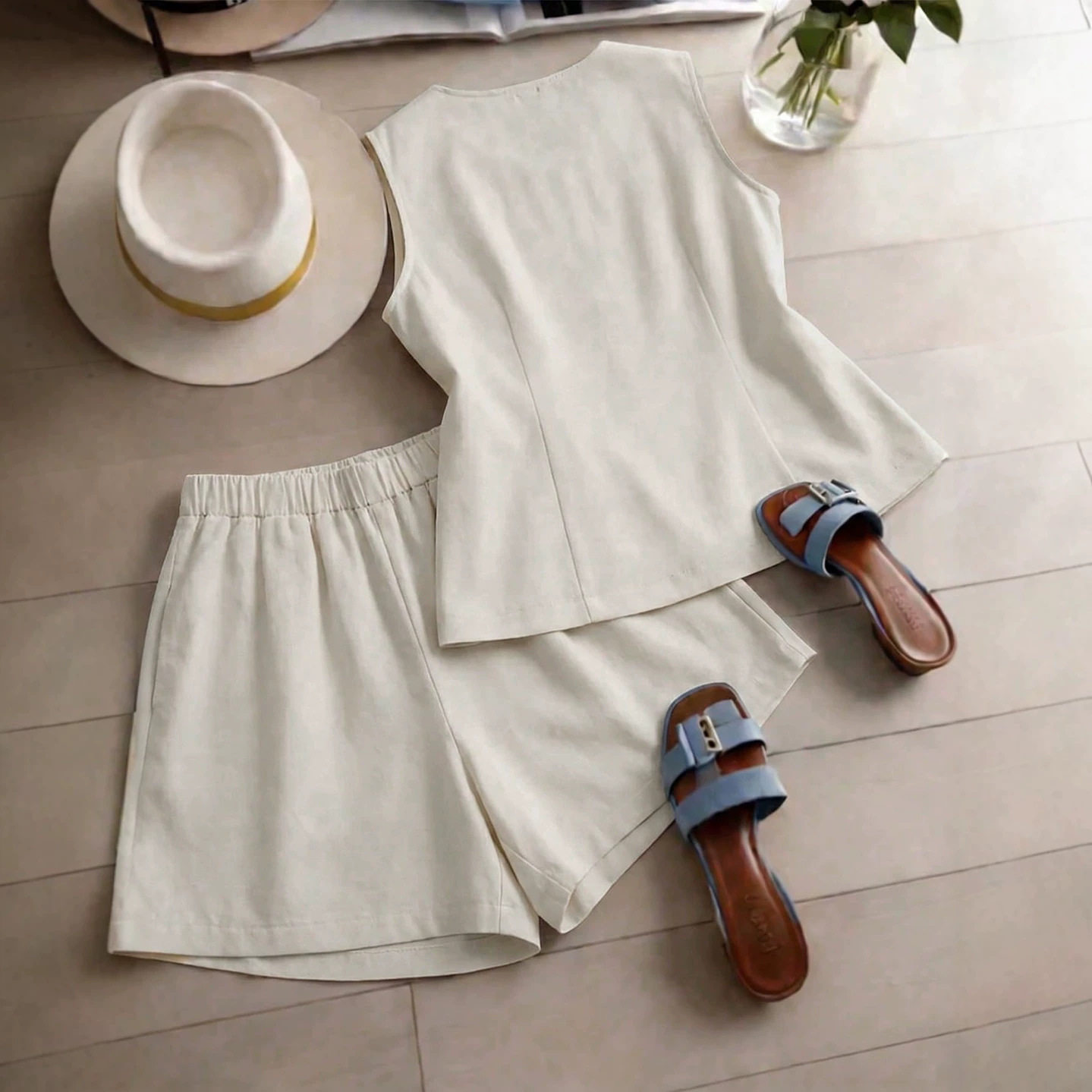 Two piece set ivory sleeveless vest shorts无袖马甲短裤套装