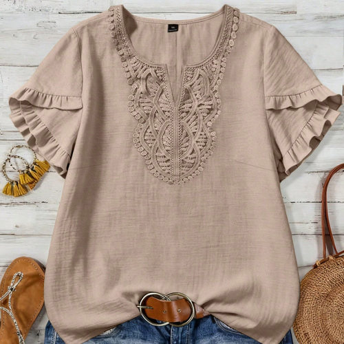 Lace patchwork V-neck short sleeved top蕾丝拼接V领短袖上衣