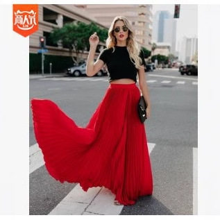 大码中腰百褶半身裙solid color high waist pleated long skirt