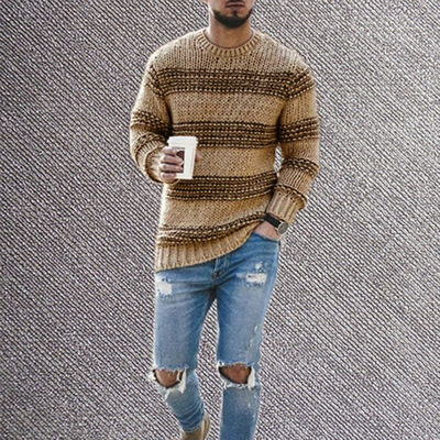 men's slim Striped sweater O-neck long sleeved knitted top
