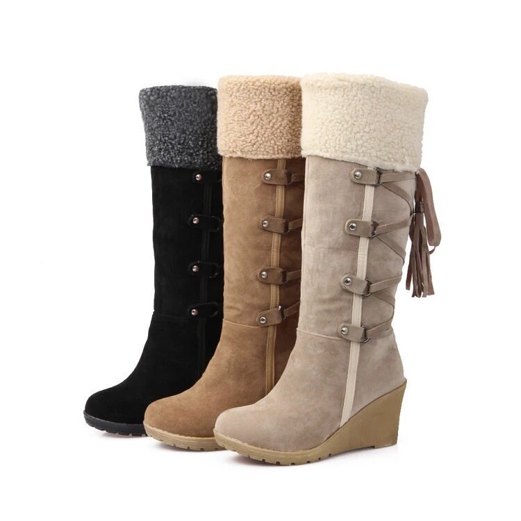 大码后系带流苏高筒坡跟雪地靴子女牧民women warm winter boots