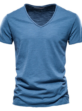 2023 Men's top plain cotton V-neck short-sleeved T-shirt
