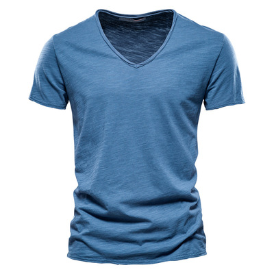 2023 Men's top plain cotton V-neck short-sleeved T-shirt