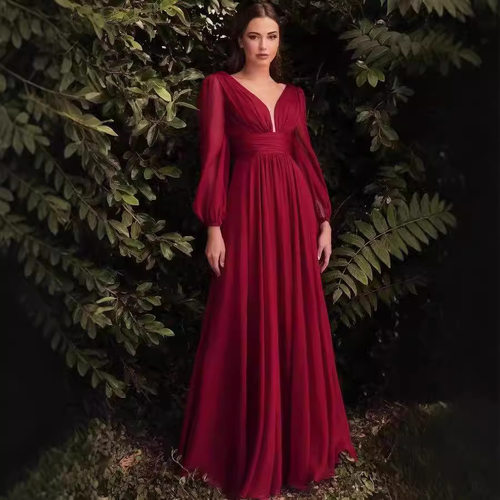 Long sleeved chiffon sexy deep V-edge bridesmaid dress伴娘服