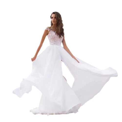 Lace chiffon dress dance white evening gown split hem dress