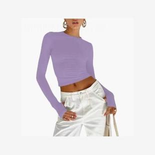 New T-shirt solid color round neck long sleeve top woman上衣
