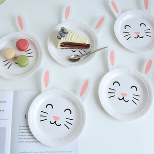 出口厚实粉红小兔野餐盘儿童生日派对一次性蛋糕甜品盘复活节餐具
