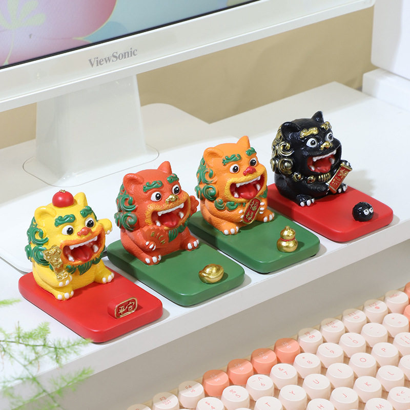 国潮小福狮树脂手机架摆件风狮爷醒狮喜庆小摆件平板支架手机支架