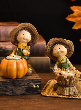 跨境热销卡丰收小孩南瓜雕像树脂摆件家居玄关电视柜烛台装饰礼品