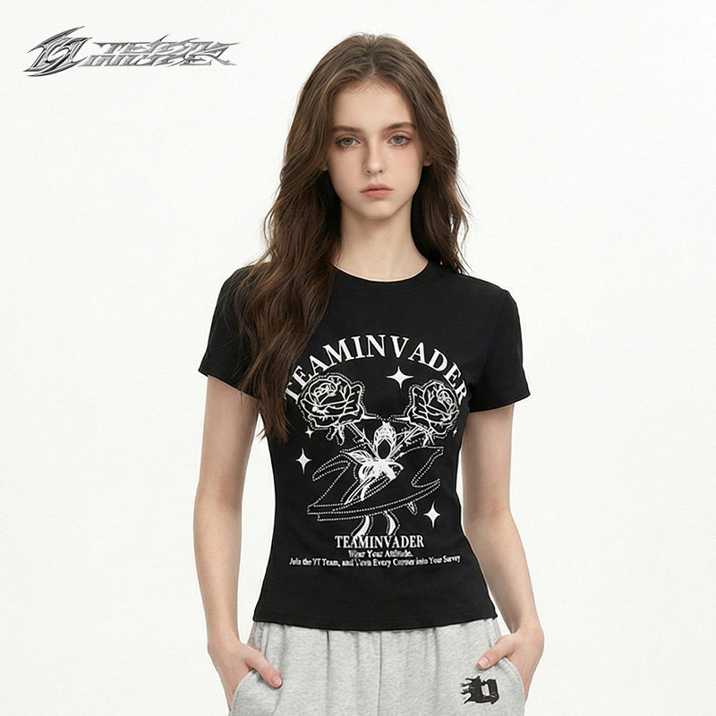 【Ti舞团】爵士舞团玫瑰印花logo辣妹春夏修身显瘦短袖T恤T05M132