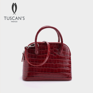 S真皮牛皮鳄鱼纹保龄球包手提包女通勤百搭单肩包双鱼 TUSCAN