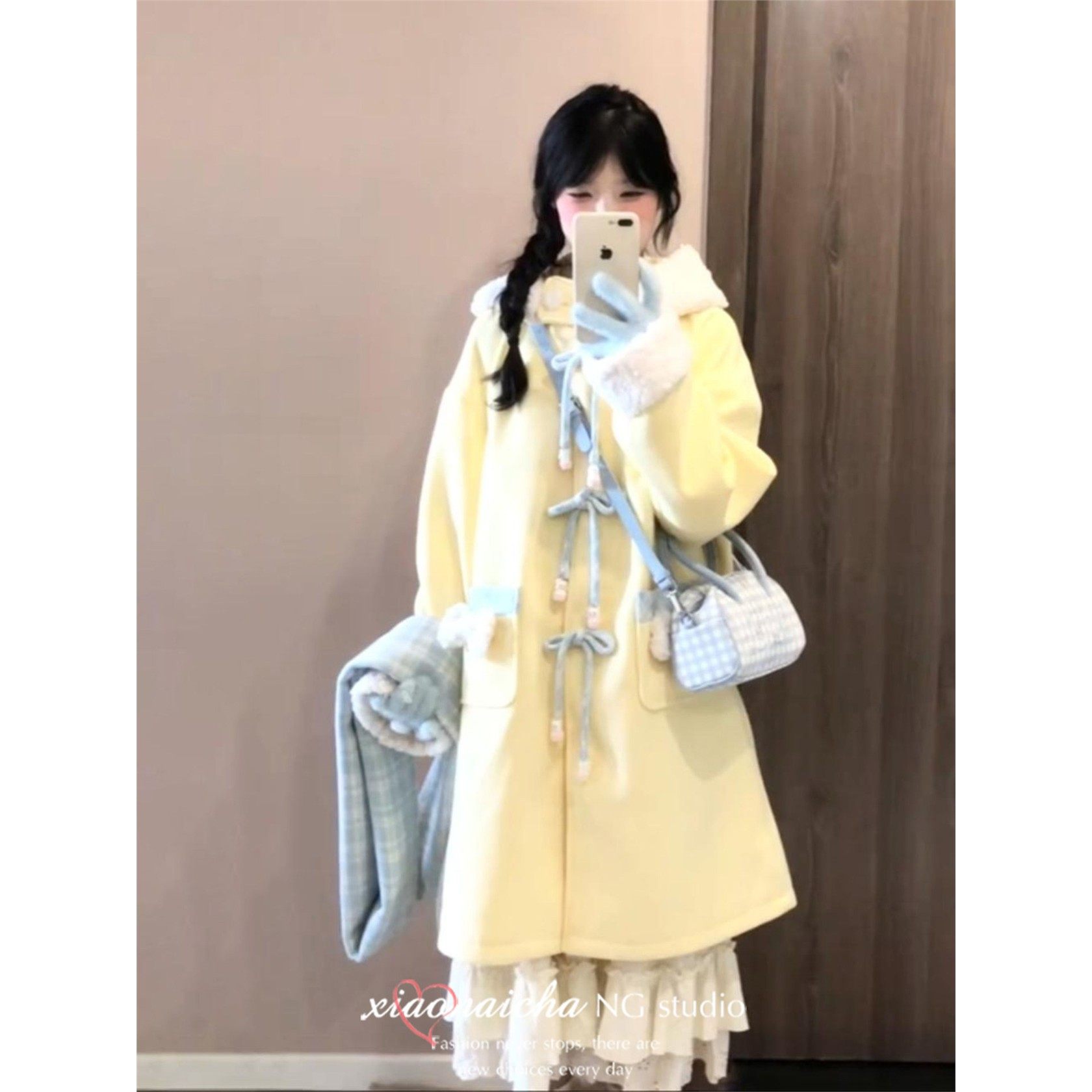 甜美风奶黄色羊羔毛连帽毛呢外套女秋冬新款小个子中长款加厚大衣