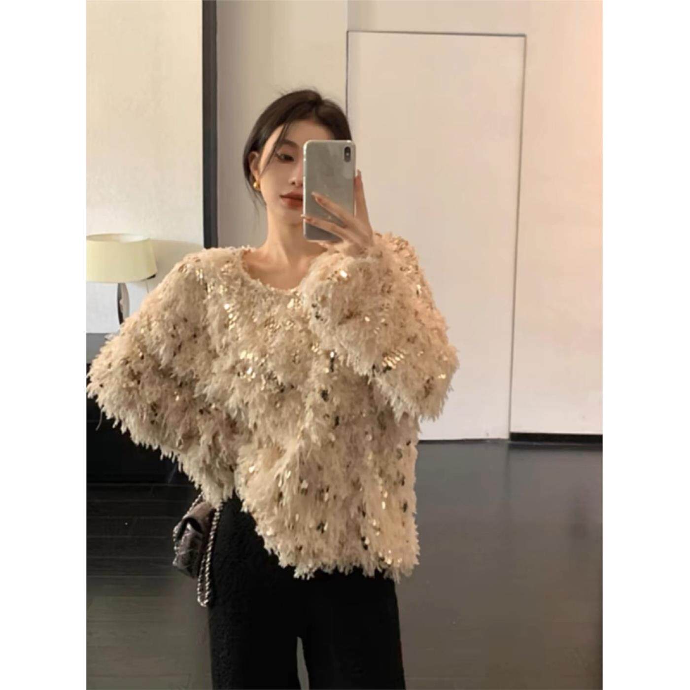 大码女装秋季新款2025胖妹妹圆领毛衣亮片时尚百搭宽松高级感上衣