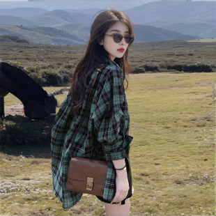 女夏季 外套长袖 薄款 宽松衬衫 上衣 小个子外搭开衫 绿色格子防晒衬衫